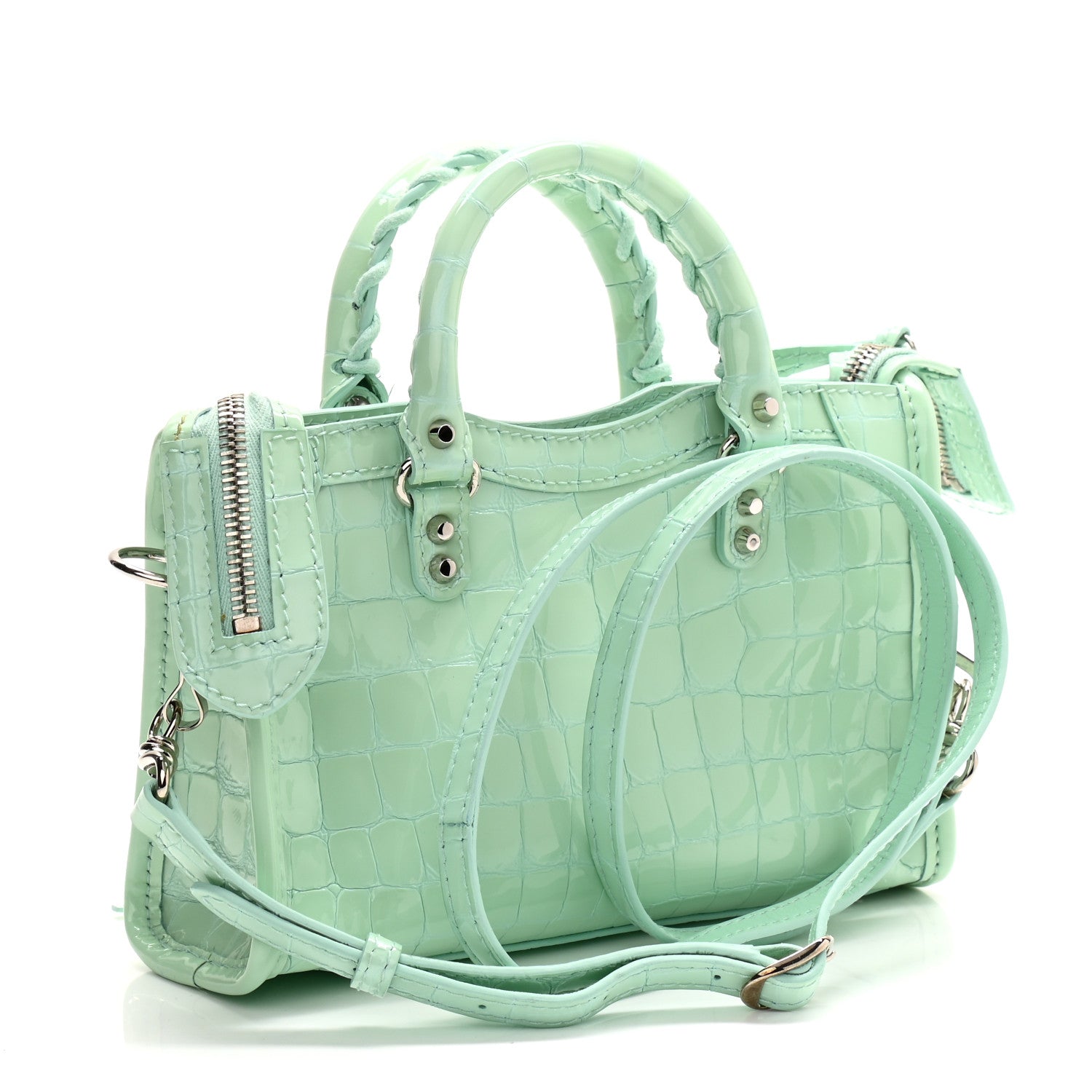 Balenciaga Patent Crocodile Embossed Classic Silver Hardware Nano City Light Green 3 of 10