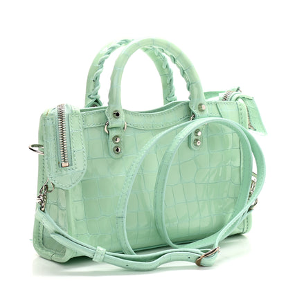 Balenciaga Patent Crocodile Embossed Classic Silver Hardware Nano City Light Green 3 of 10
