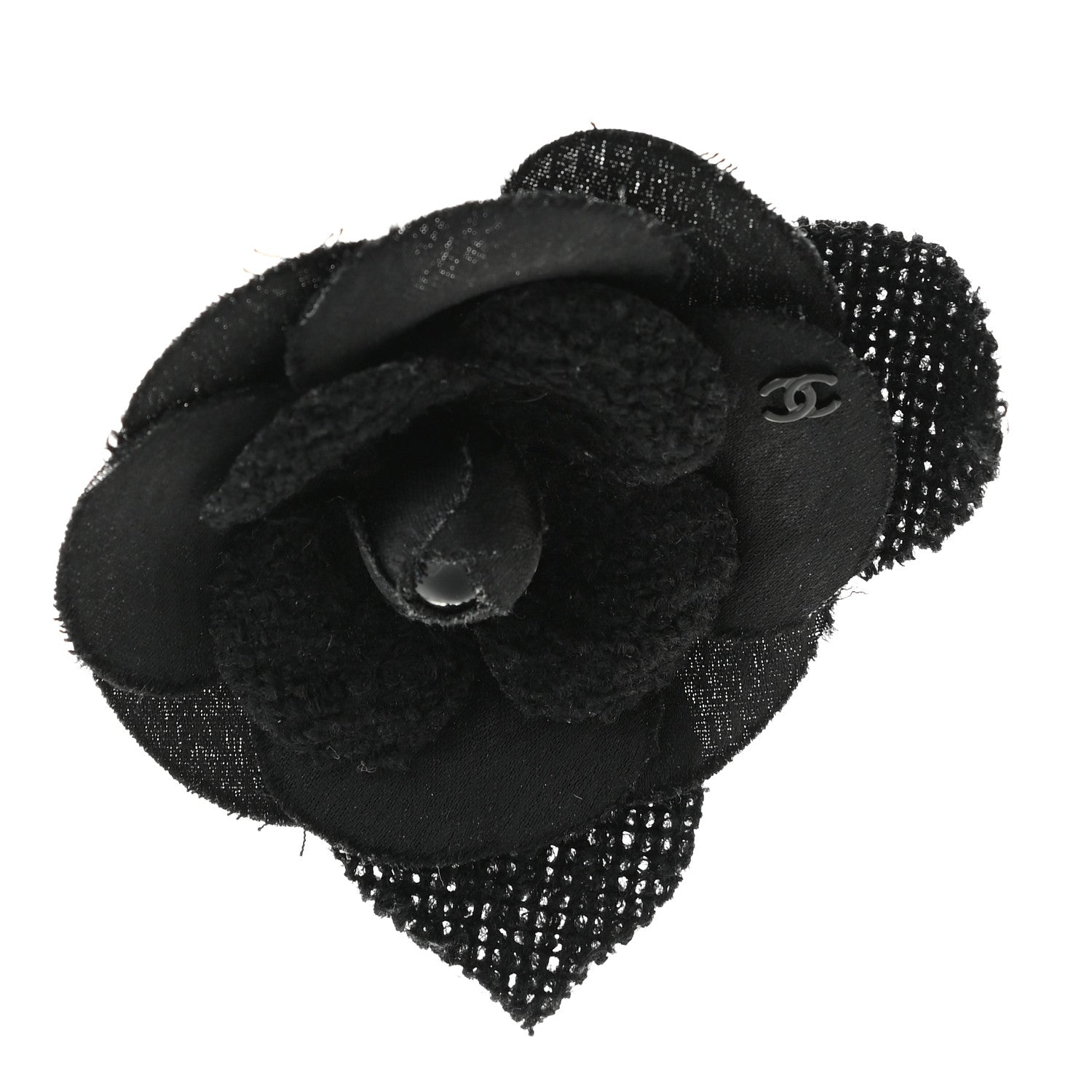 Chanel Tweed Camellia Pin Brooch Black 1 of 6