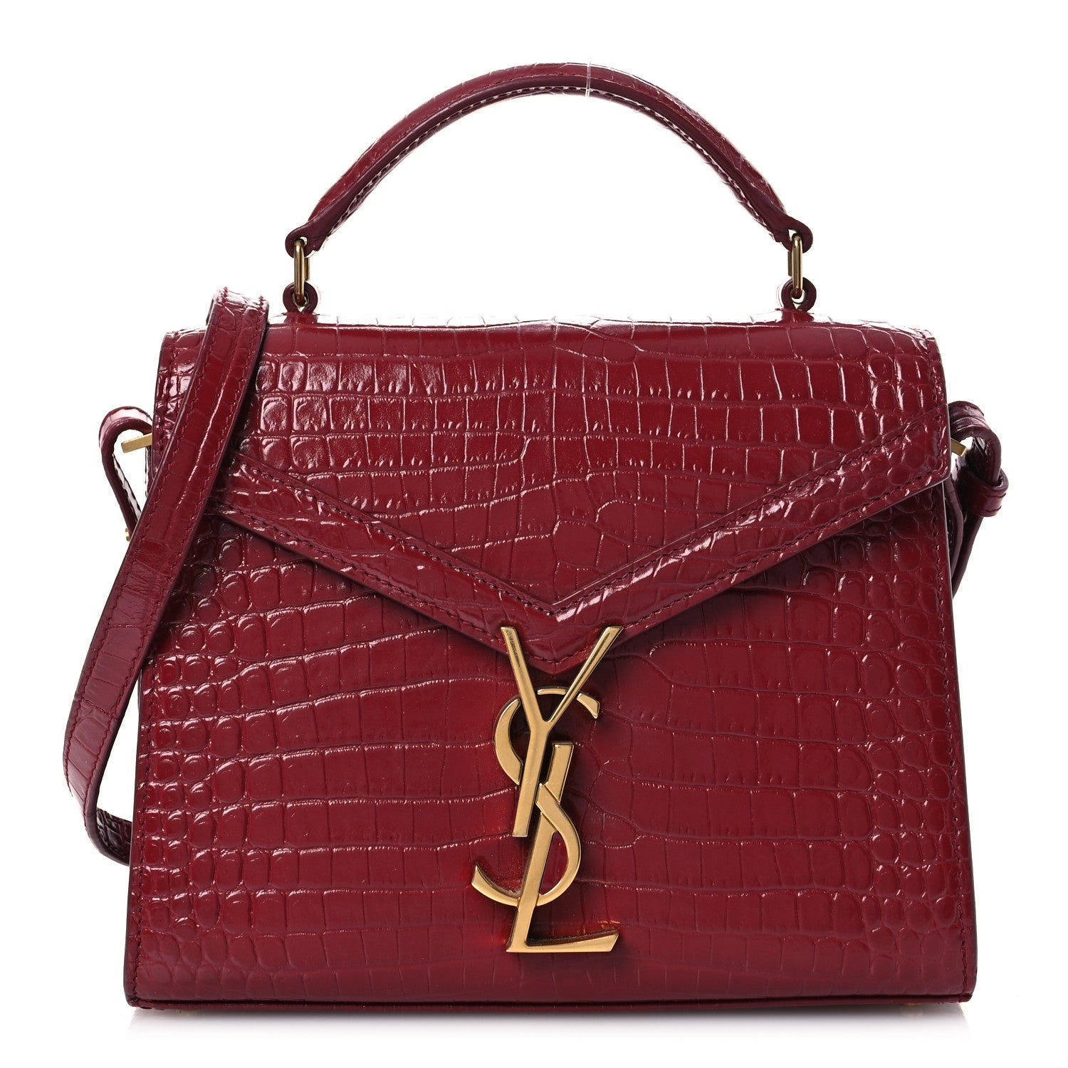 Saint Laurent Calfskin Crocodile Embossed Mini Classic Monogram Cassandra Top Handle Red 1 of 14