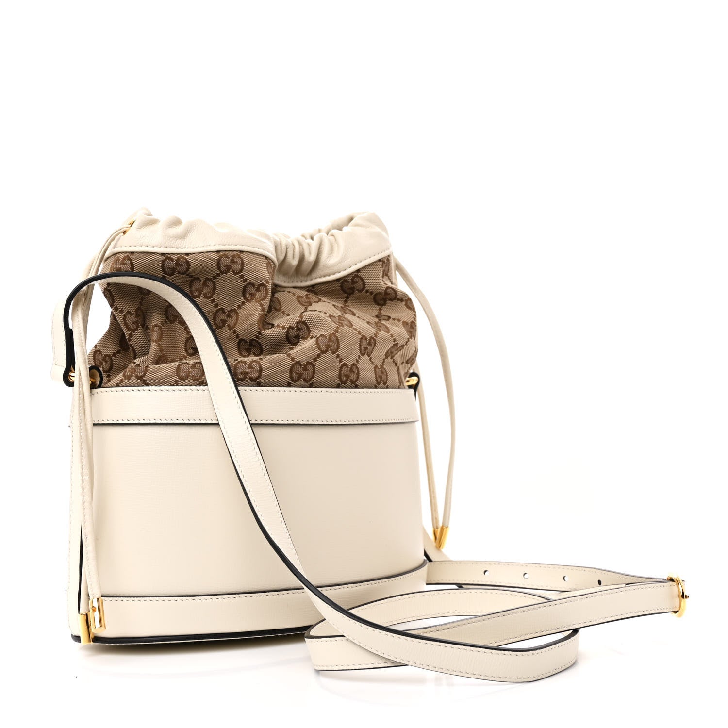 Gucci Monogram Textured Calfskin Horsebit 1955 Drawstring Bucket Bag Beige Mystic White 3 of 11