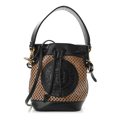 Fendi Vitello Liberty Glossy Lambskin F is Fendi Perforated Mini Mon Tresor Bucket Bag Sand Mimosa Black 1 of 10