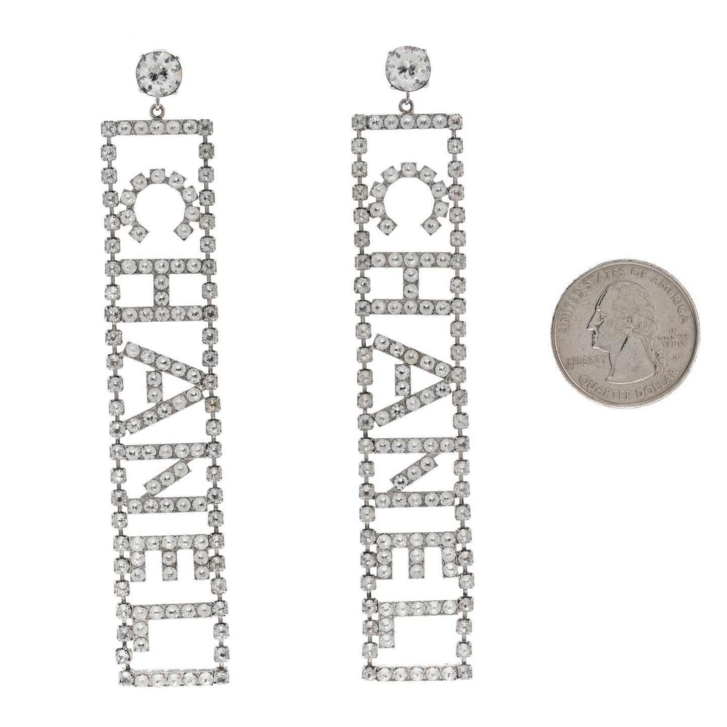 Crystal Chanel Logo Drop Earrings Silver