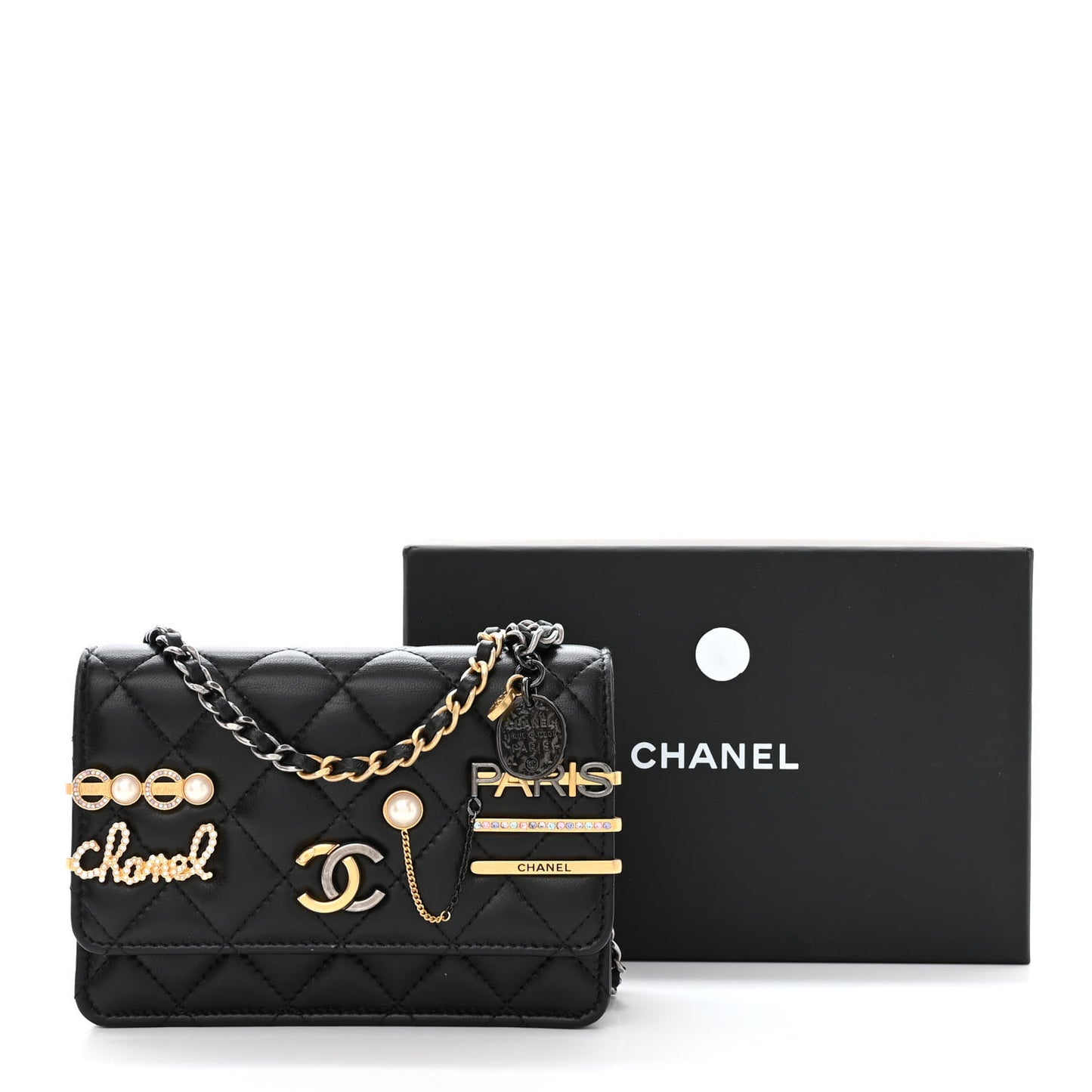 Lambskin Quilted Coco Clips Mini Wallet On Chain WOC Black