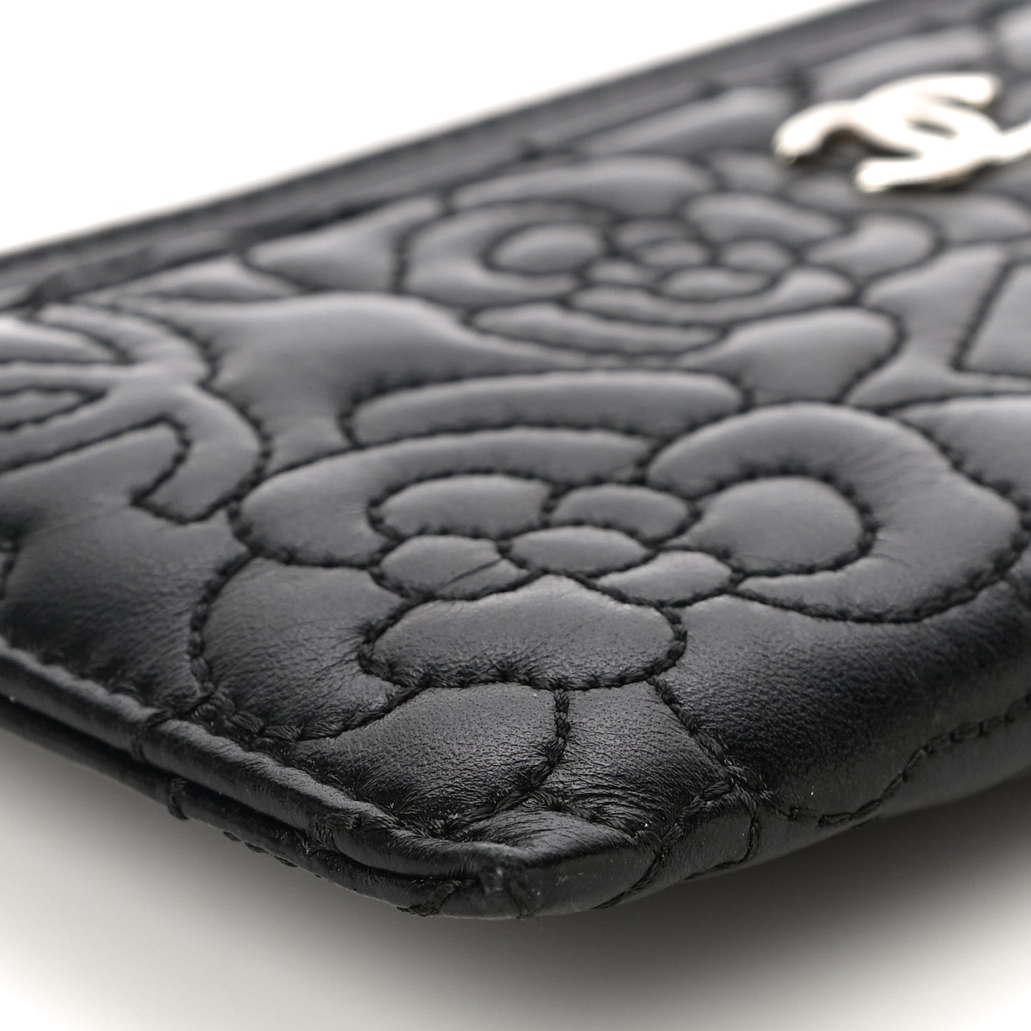 Lambskin Camellia Embossed Classic Zip Pouch Black