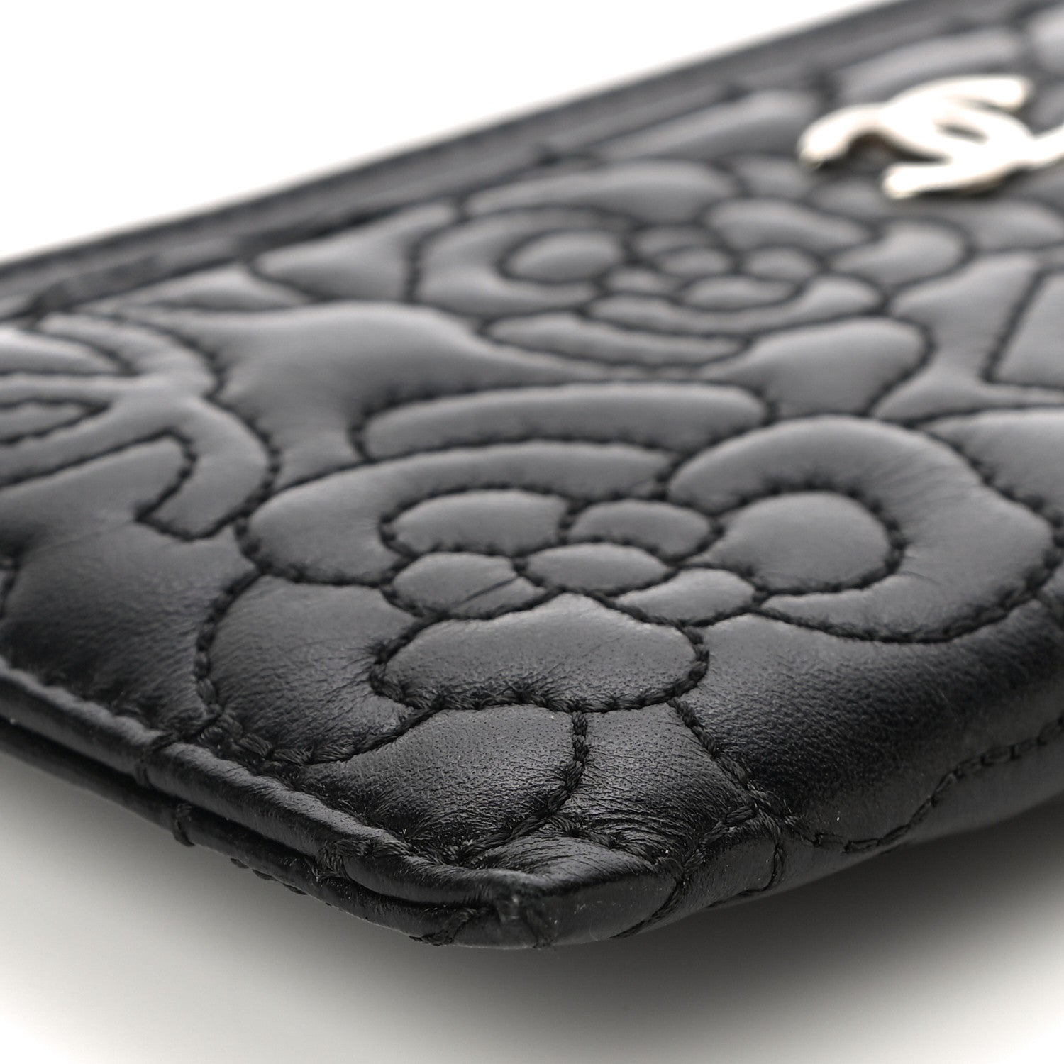 Chanel Lambskin Camellia Embossed Classic Zip Pouch Black 9 of 10