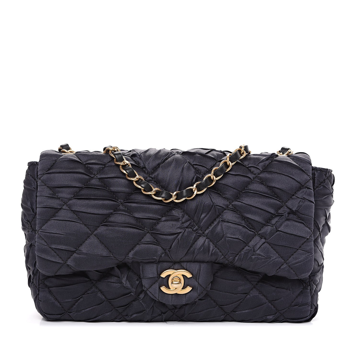 Satin Quilted Pleated Medium Single Flap Navy