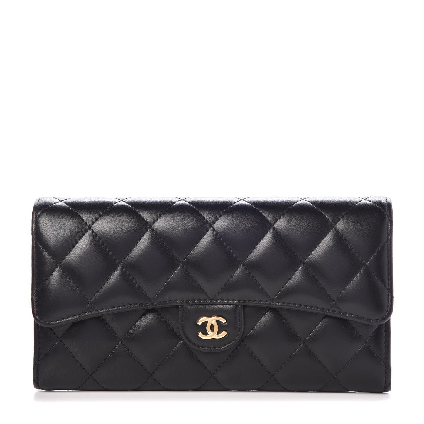 Lambskin Quilted Large Gusset Flap Wallet Black