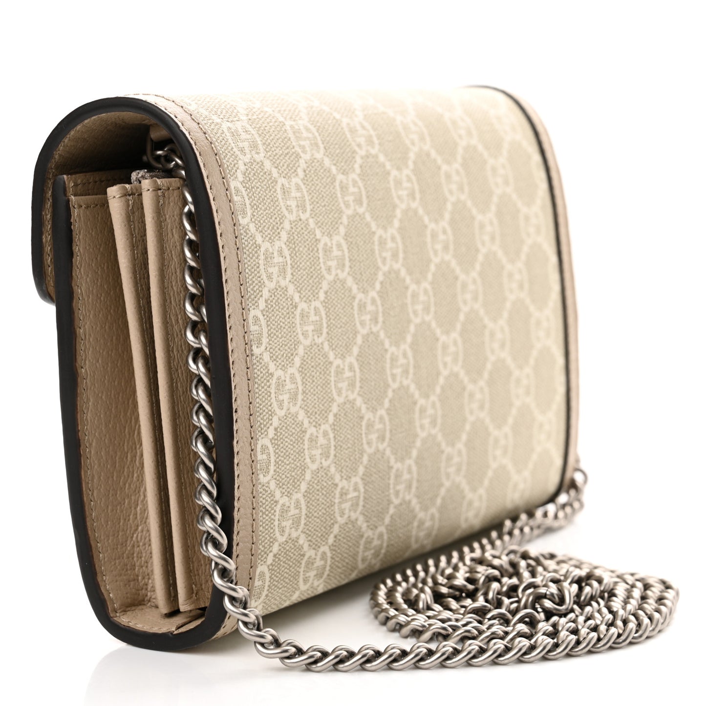 GG Supreme Monogram Textured Dollar Calfskin Mini Dionysus Chain Wallet Beige Mystic White Oatmeal