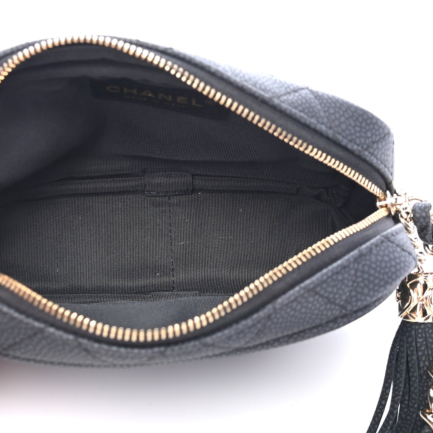 Iridescent Caviar Quilted Mini Coco Tassel Camera Case Black