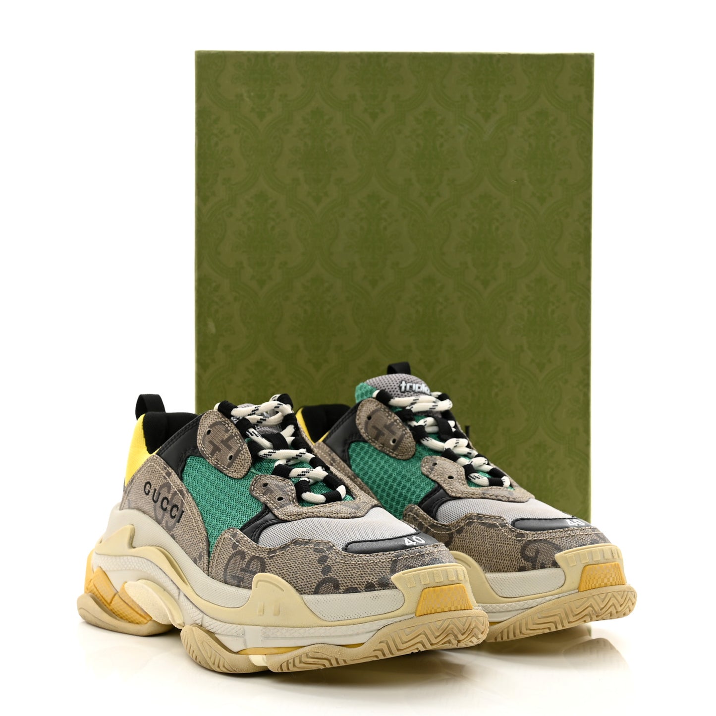 X GUCCI Maxi GG Supreme Monogram Womens Triple S Sneakers 40 Beige Ebony Black Green