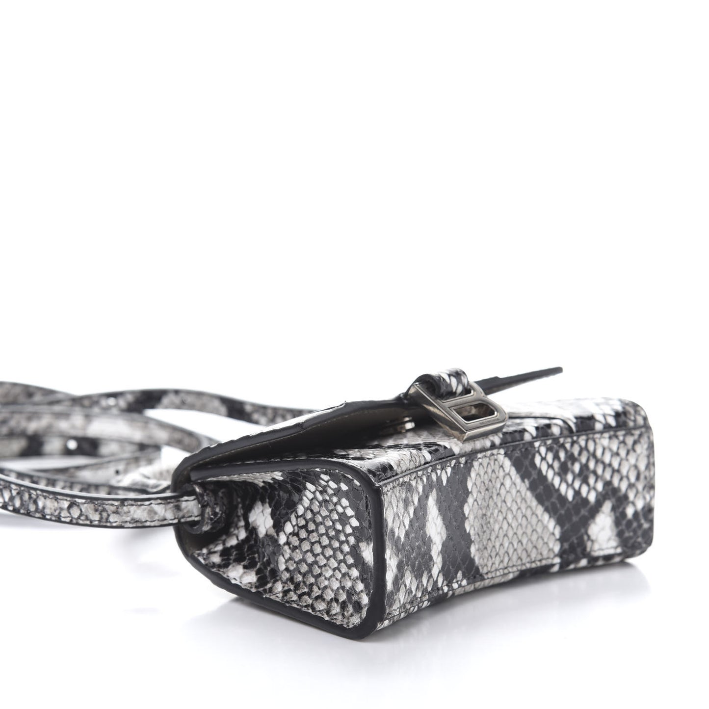 Shiny Calfskin Python Effect Hourglass Top Handle Bag Mini Black White