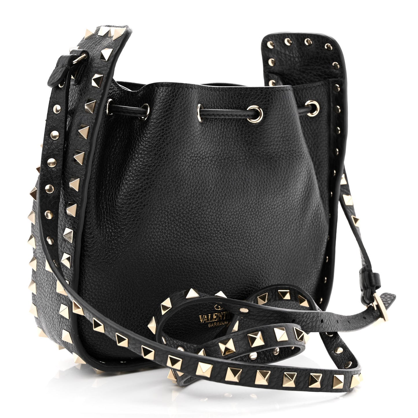 Grained Calfskin Rockstud Bucket Bag Black