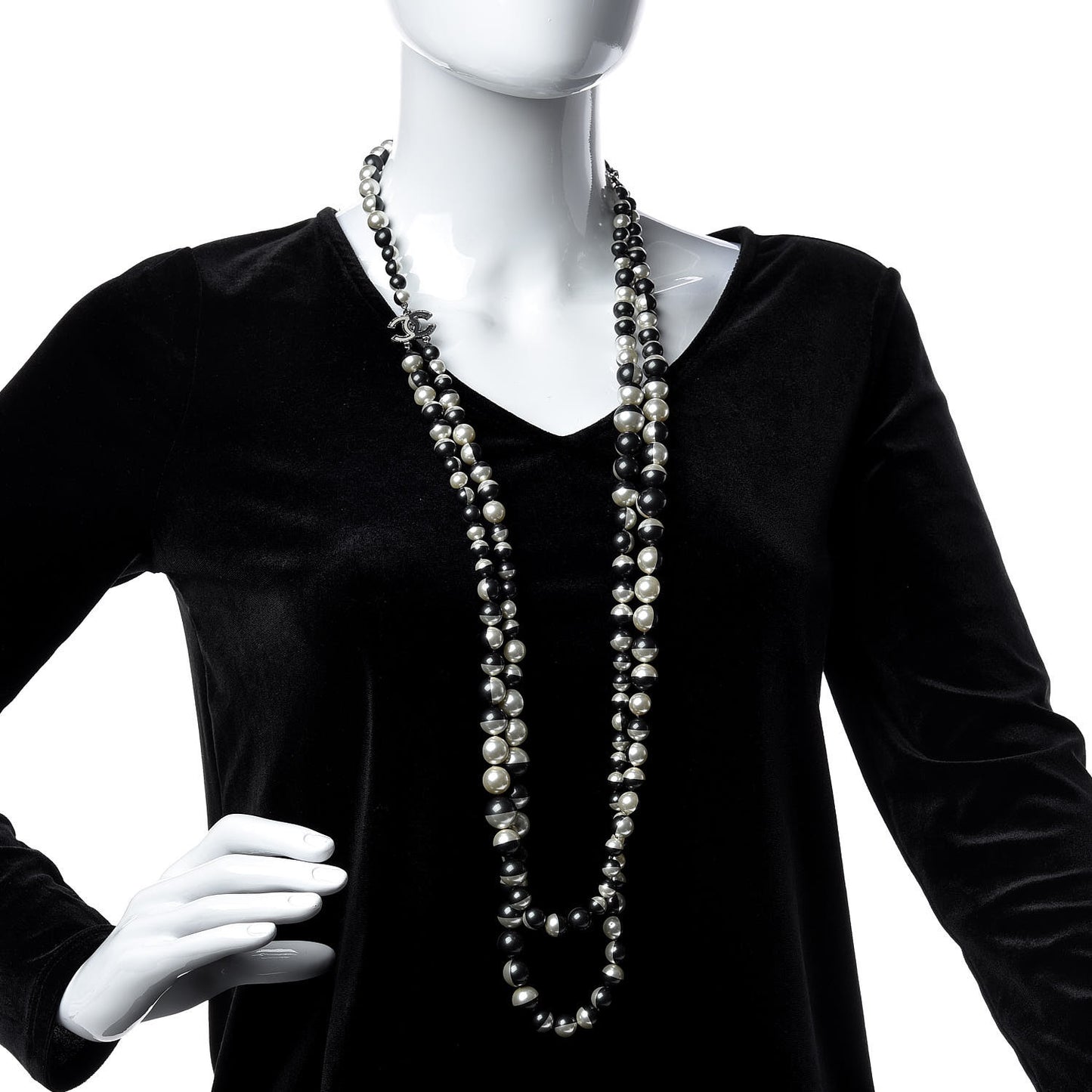 Pearl Bead CC Long Necklace Silver Grey