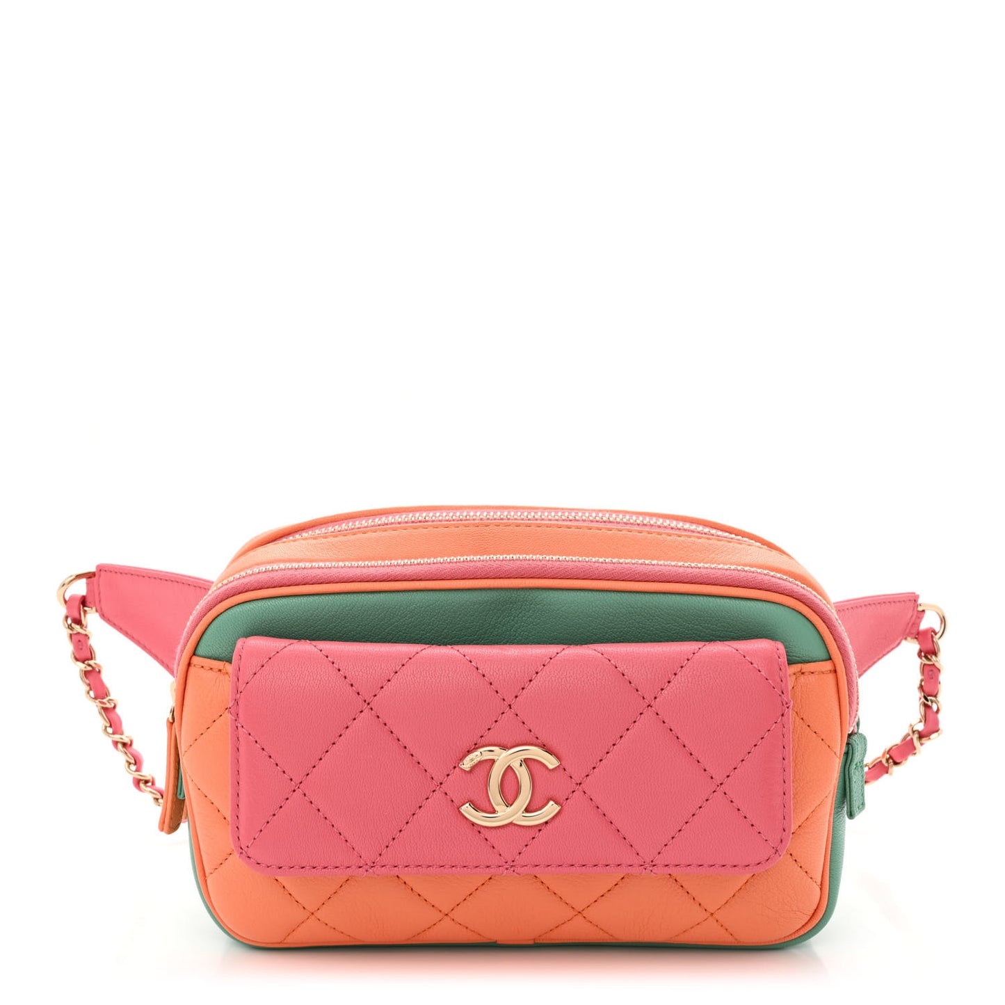 Goatskin Quilted Tri-Color In & Out Waist Bag Orange Green Pink