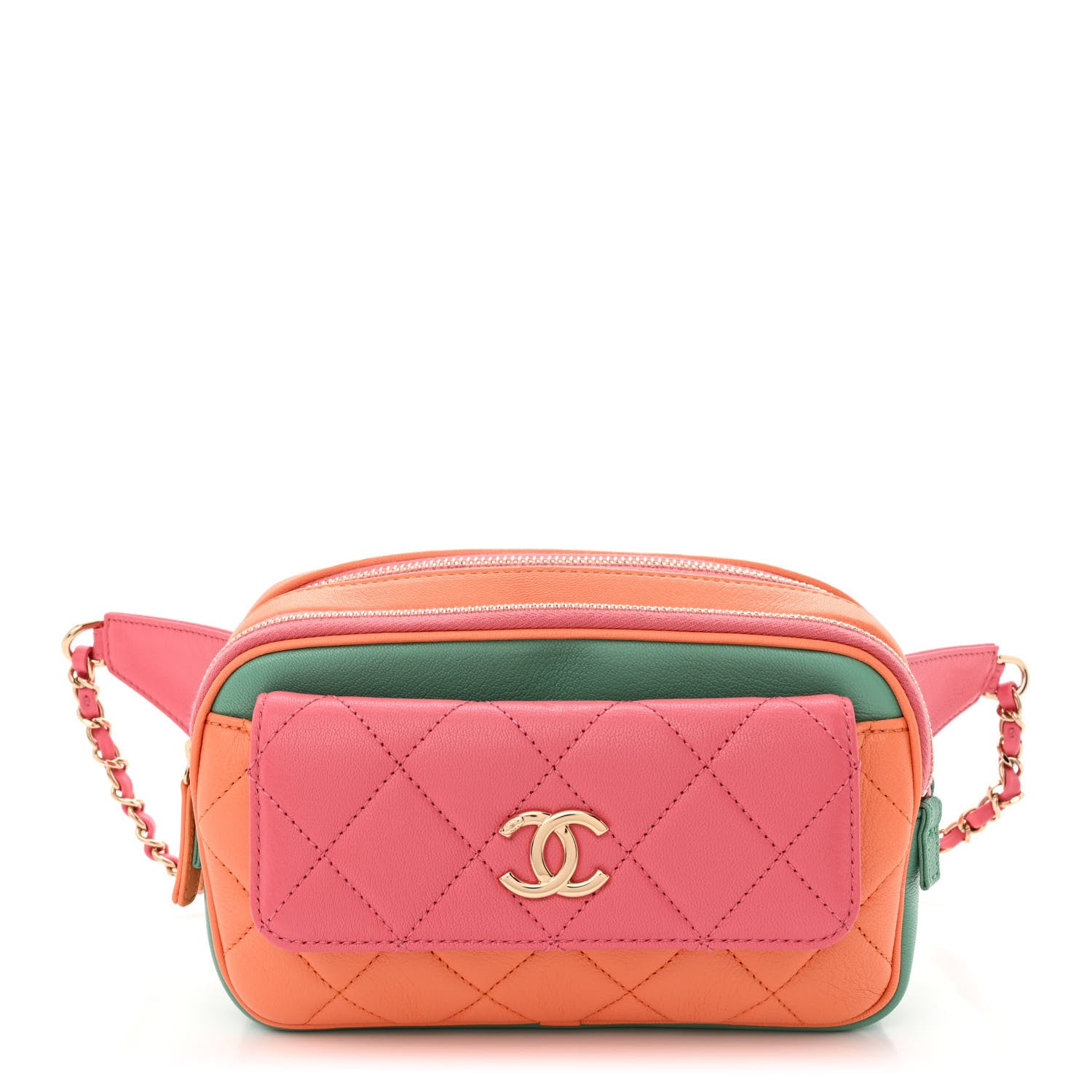 Chanel Goatskin Quilted Tri-Color In & Out Waist Bag Orange Green Pink 1 of 12