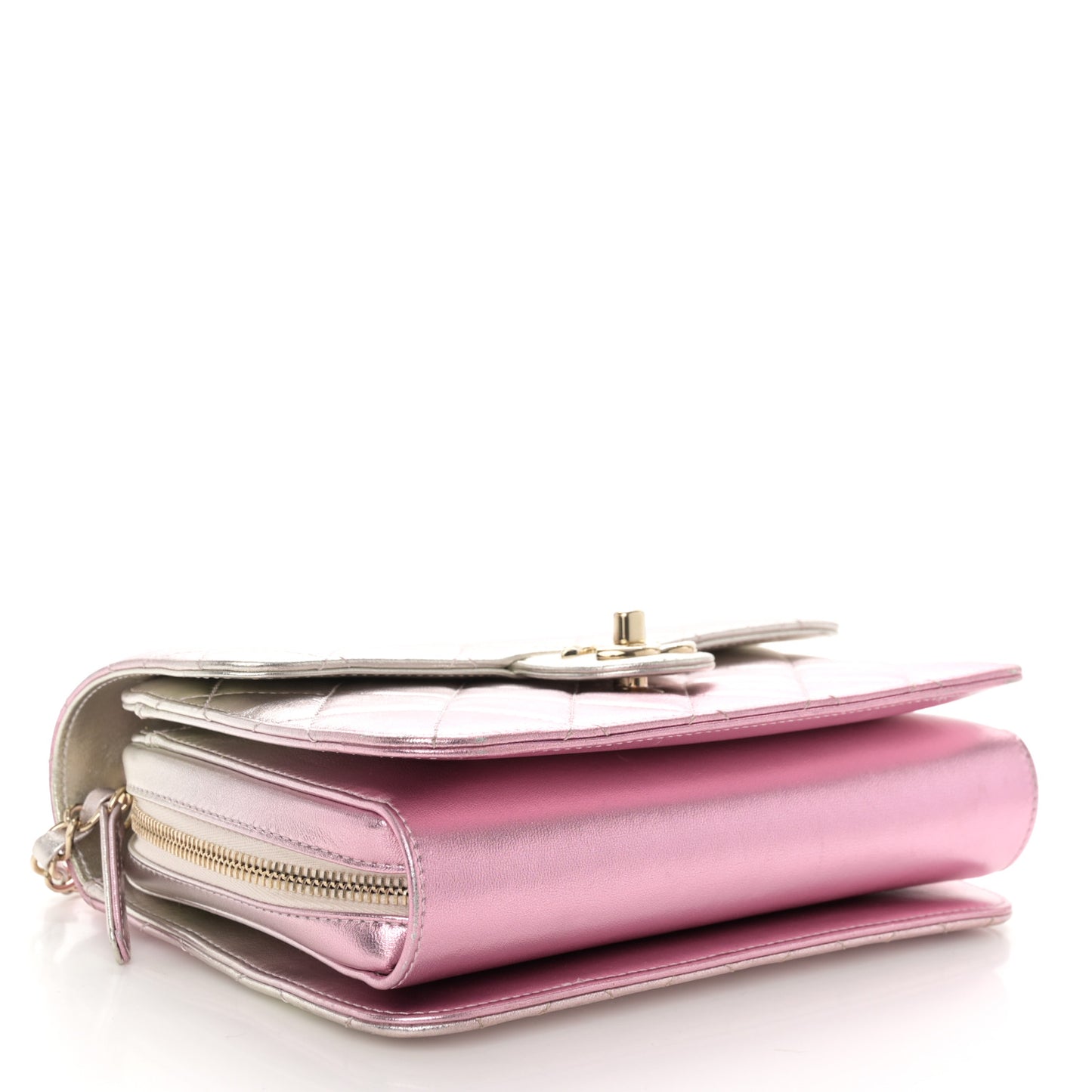Metallic Lambskin Quilted Large Like A Wallet Flap Golden Pink