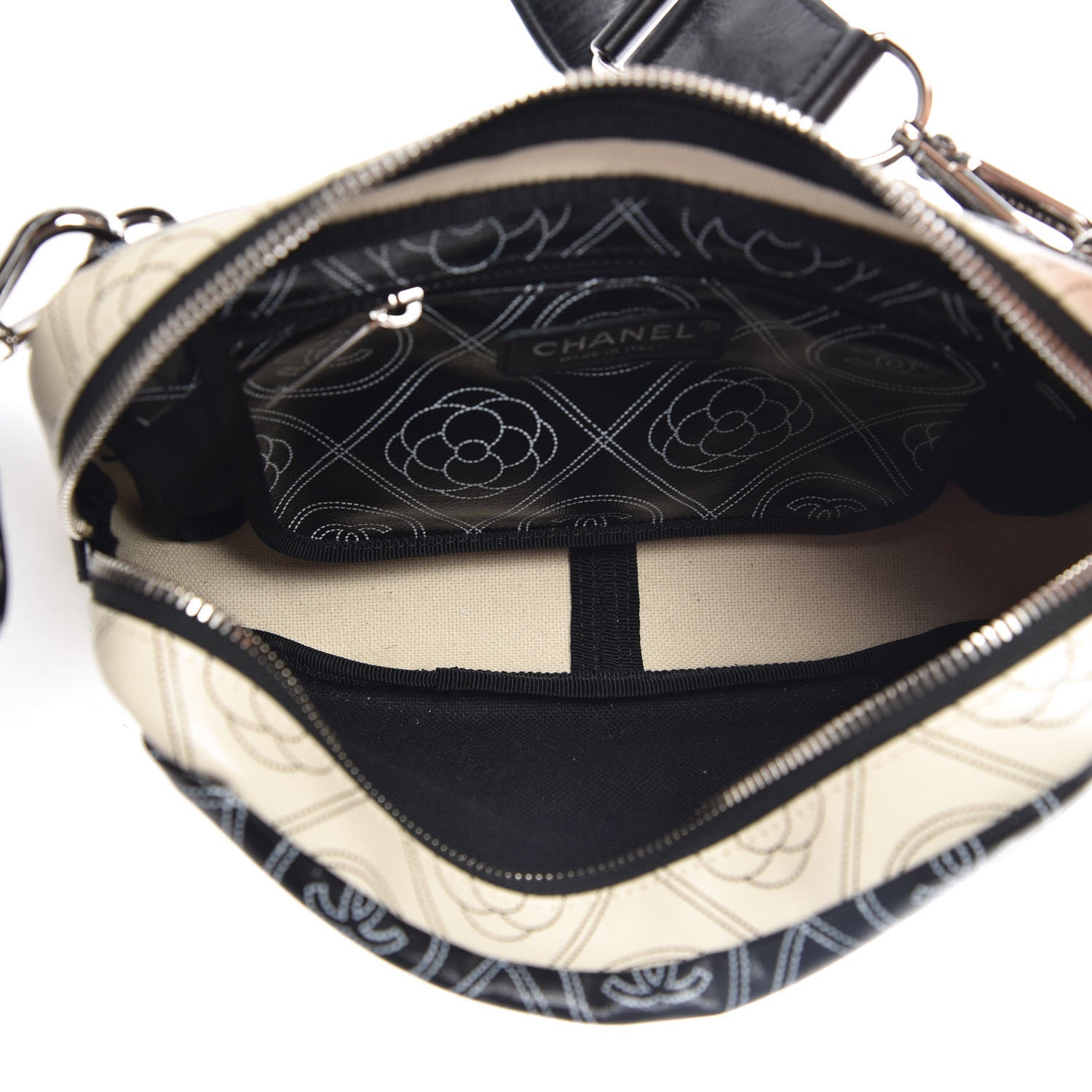 Chanel Coated Canvas Calfskin Camellia Printed Camera Case Black Beige 5 of 10