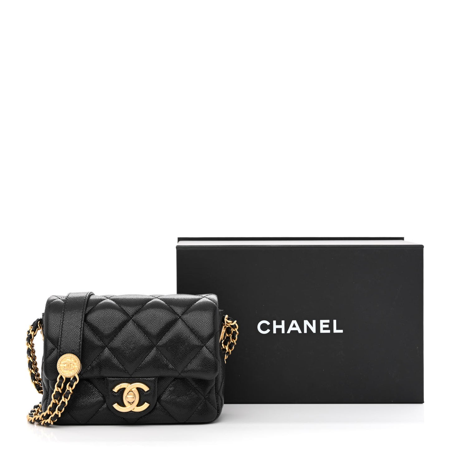 Caviar Quilted Mini Twist Your Buttons Flap Black