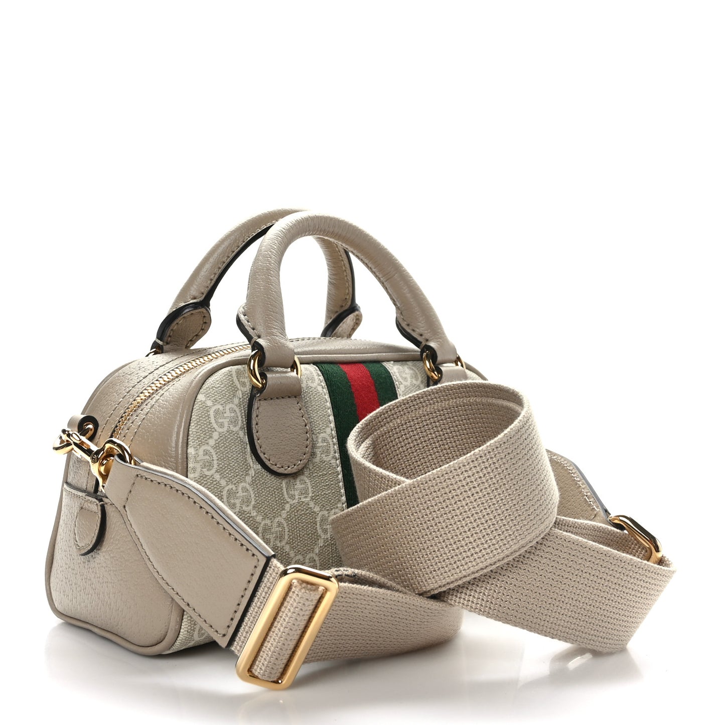 GG Supreme Monogram Textured Dollar Calfskin Web Mini Ophidia Top Handle Bowler Bag Beige Mystic White Oatmeal