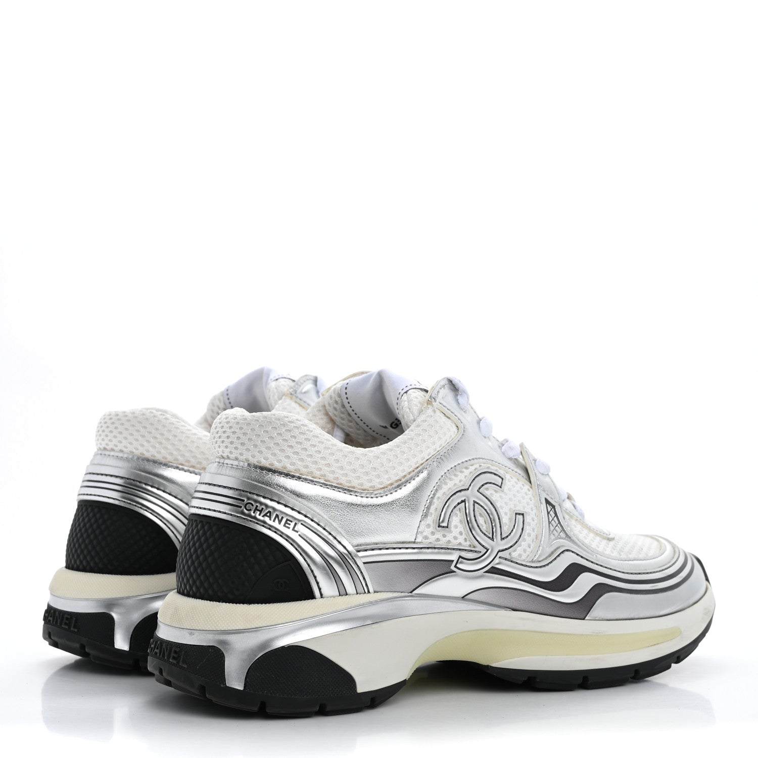 Chanel Fabric Laminated Calfskin Stretch CC Sneakers 37 White Silver 5 of 17