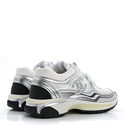 Chanel Fabric Laminated Calfskin Stretch CC Sneakers 37 White Silver 5 of 17