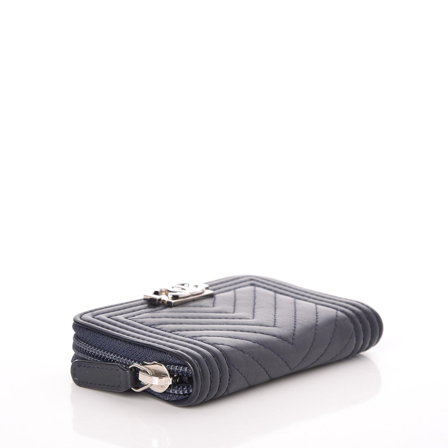 Calfskin Chevron Zip Around Boy Coin Purse Wallet Dark Navy