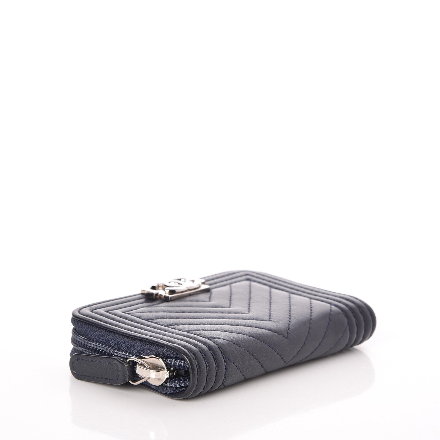 Chanel Calfskin Chevron Zip Around Boy Coin Purse Wallet Dark Navy 4 of 8
