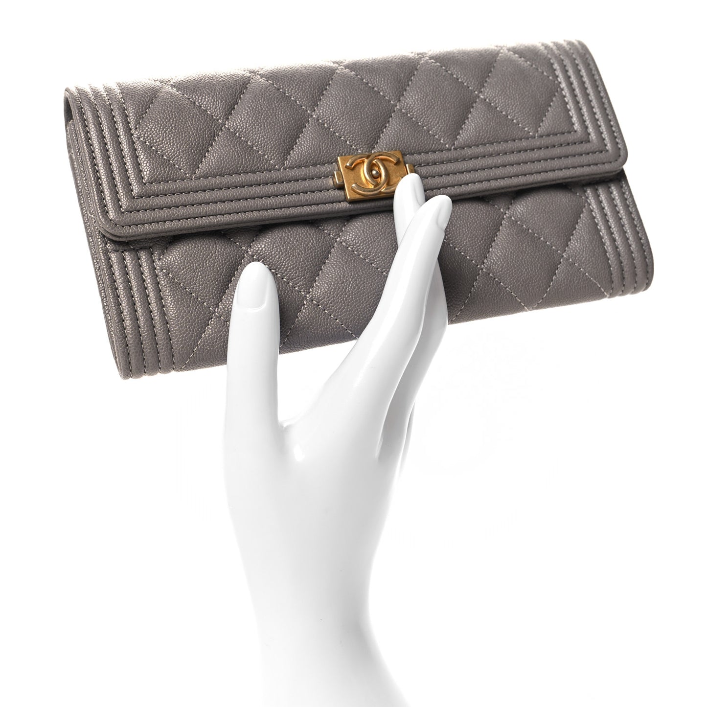 Caviar Quilted Large Boy Gusset Flap Wallet Grey