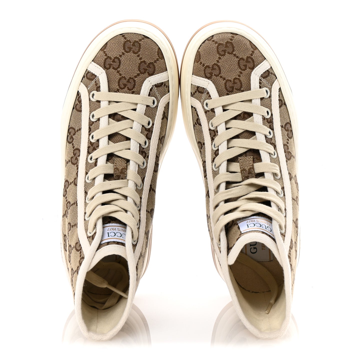 New Canvas GG Monogram Womens Tennis 1977 High Top 55mm Platform Sneakers 37.5 Beige Ebony Mystic White