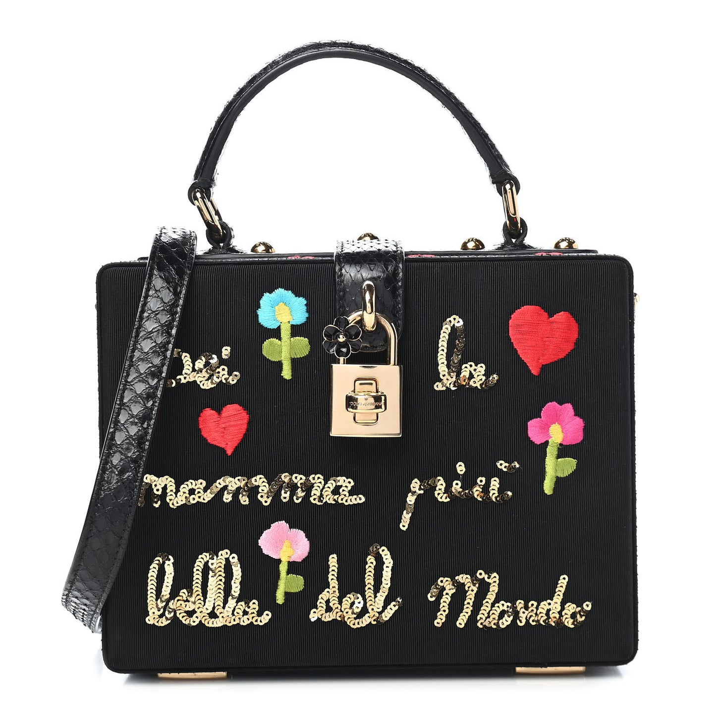 Snakeskin Calfskin Embossed Grosgrain Embroidered Family Box Bag Black Multicolor