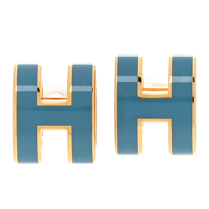 Hermes Gold Lacquered Pop H Earrings Bleu Jean 1 of 5