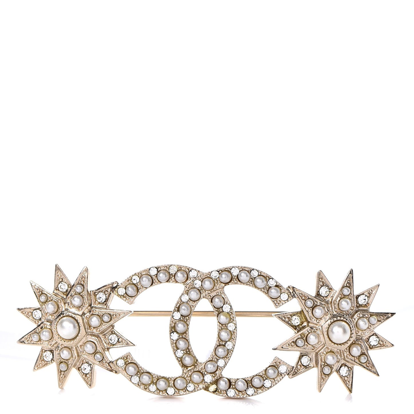 Pearl Crystal CC Star Brooch Gold