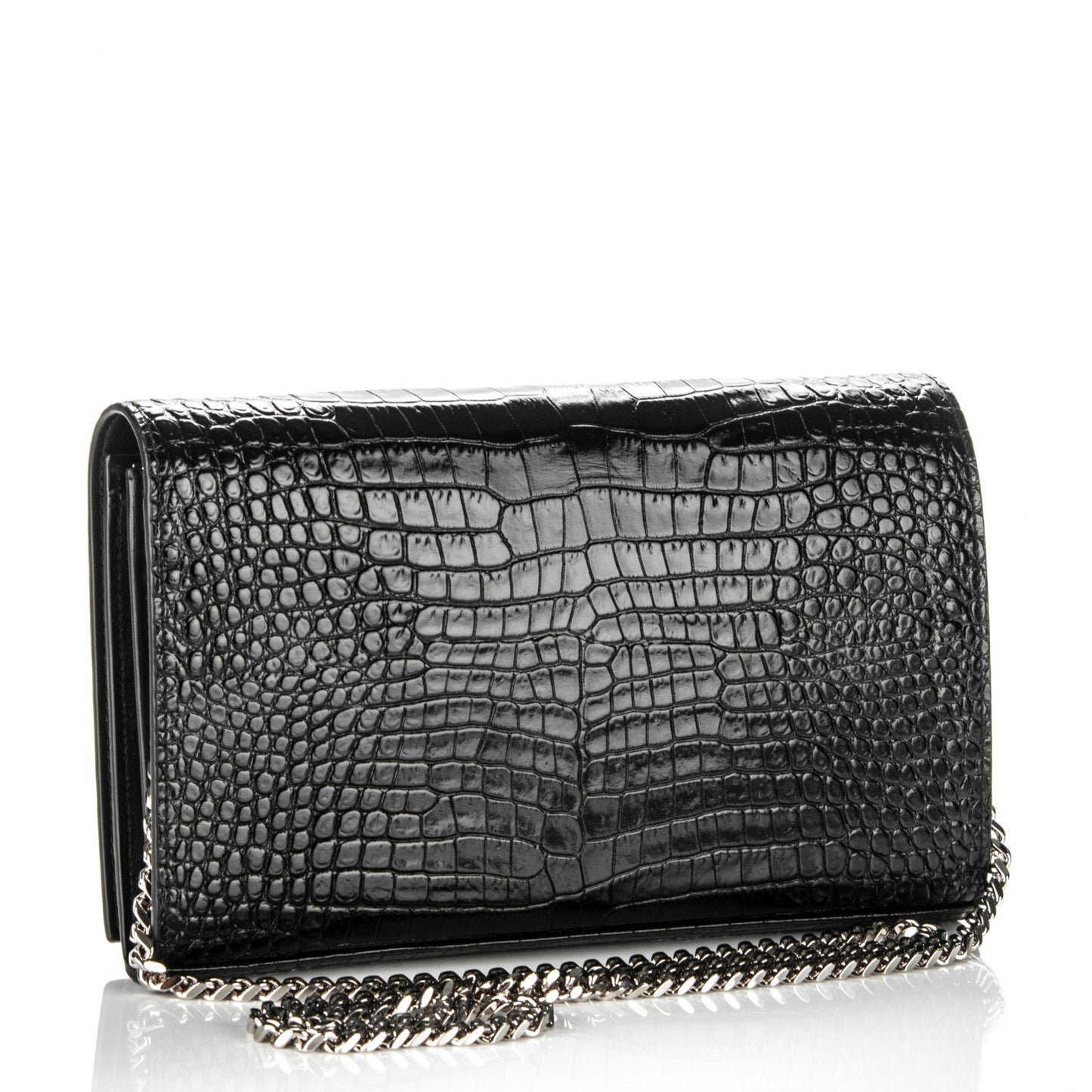 Calfskin Crocodile Embossed Monogram Chain Wallet Nero Black