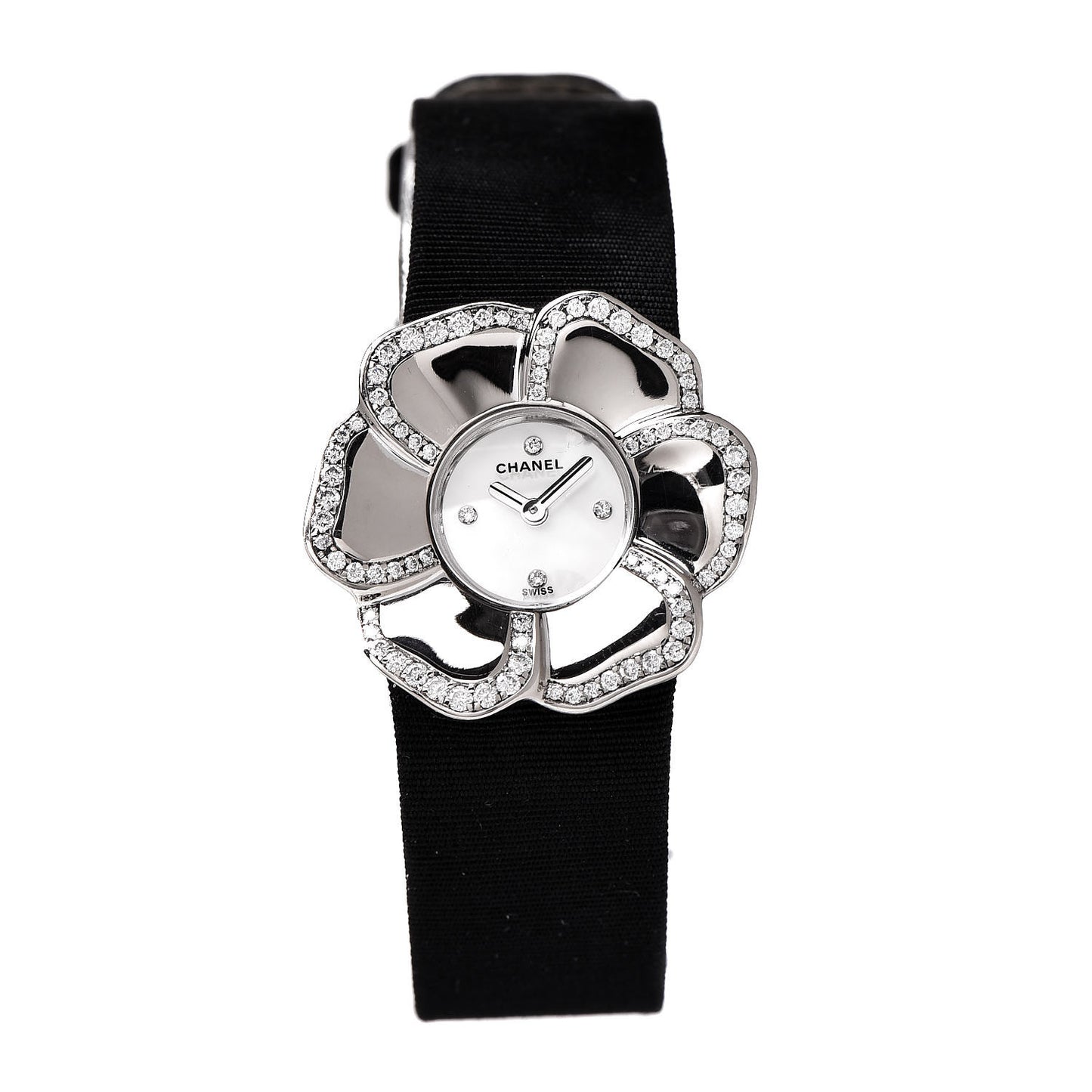18K White Gold Satin Diamond Mother of Pearl 27mm Camellia Quartz Watch