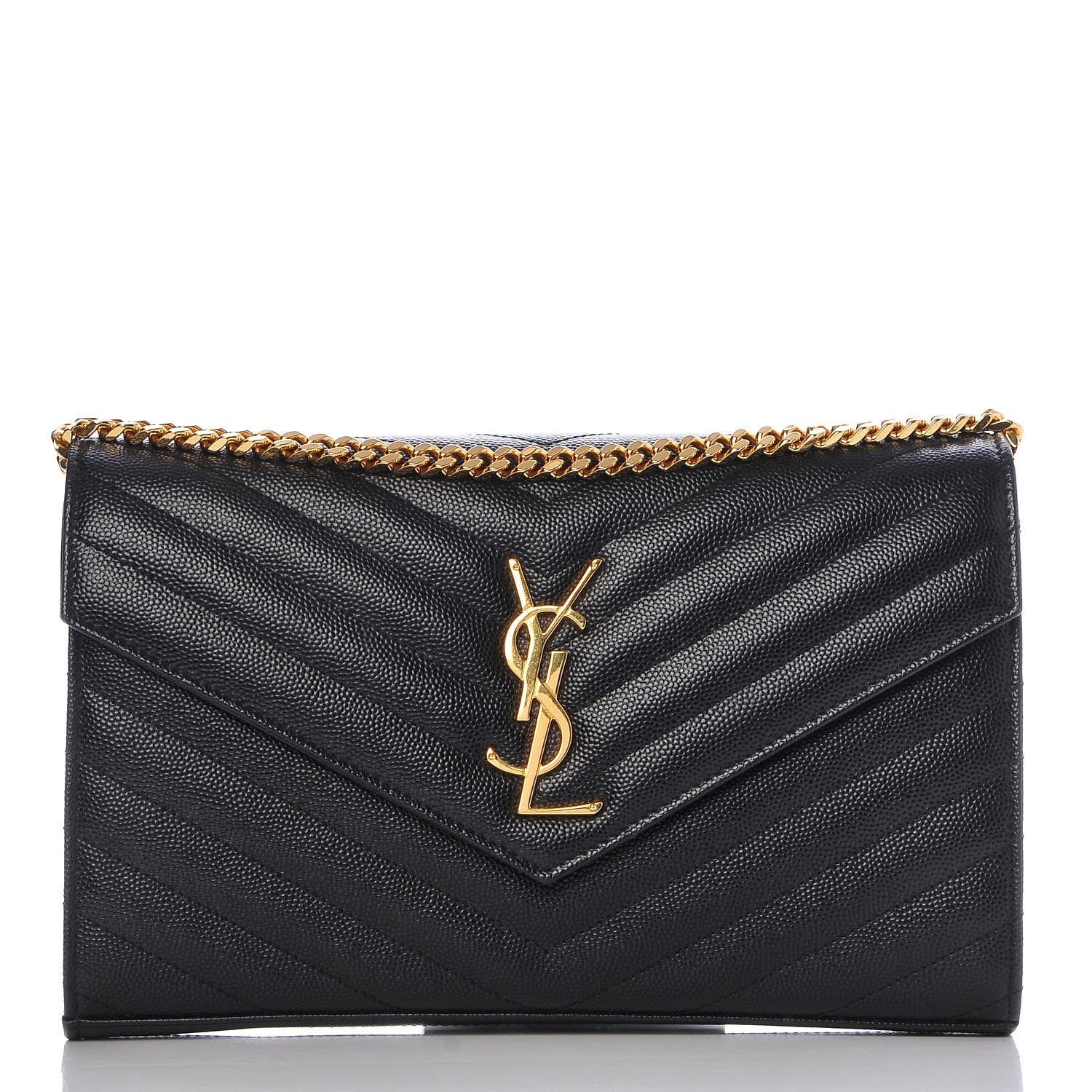 Saint Laurent Grain De Poudre Matelasse Chevron Monogram Chain Wallet Black 1 of 9