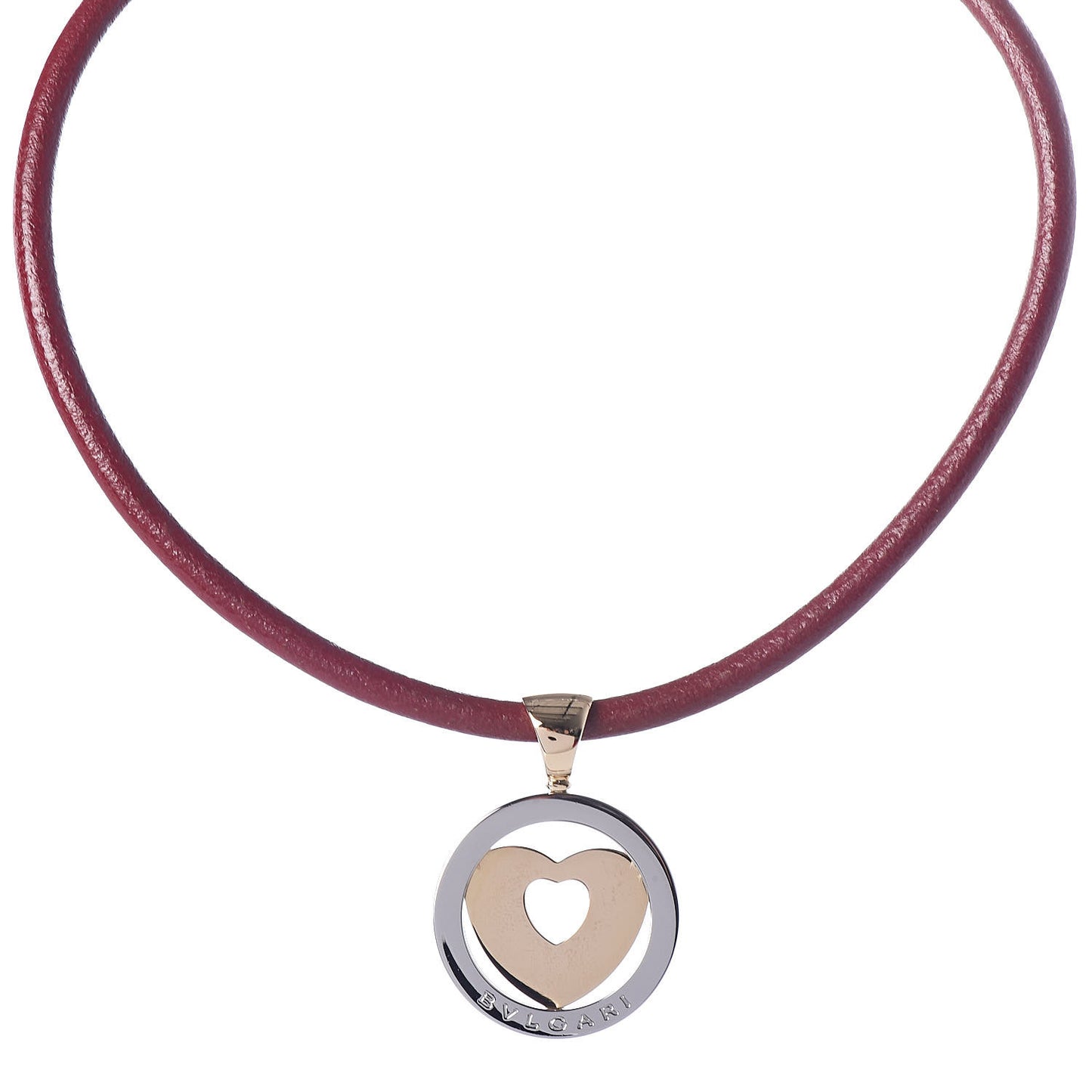 Stainless Steel 18K Yellow Gold Calfskin Tondo Heart Pendant Necklace Brown