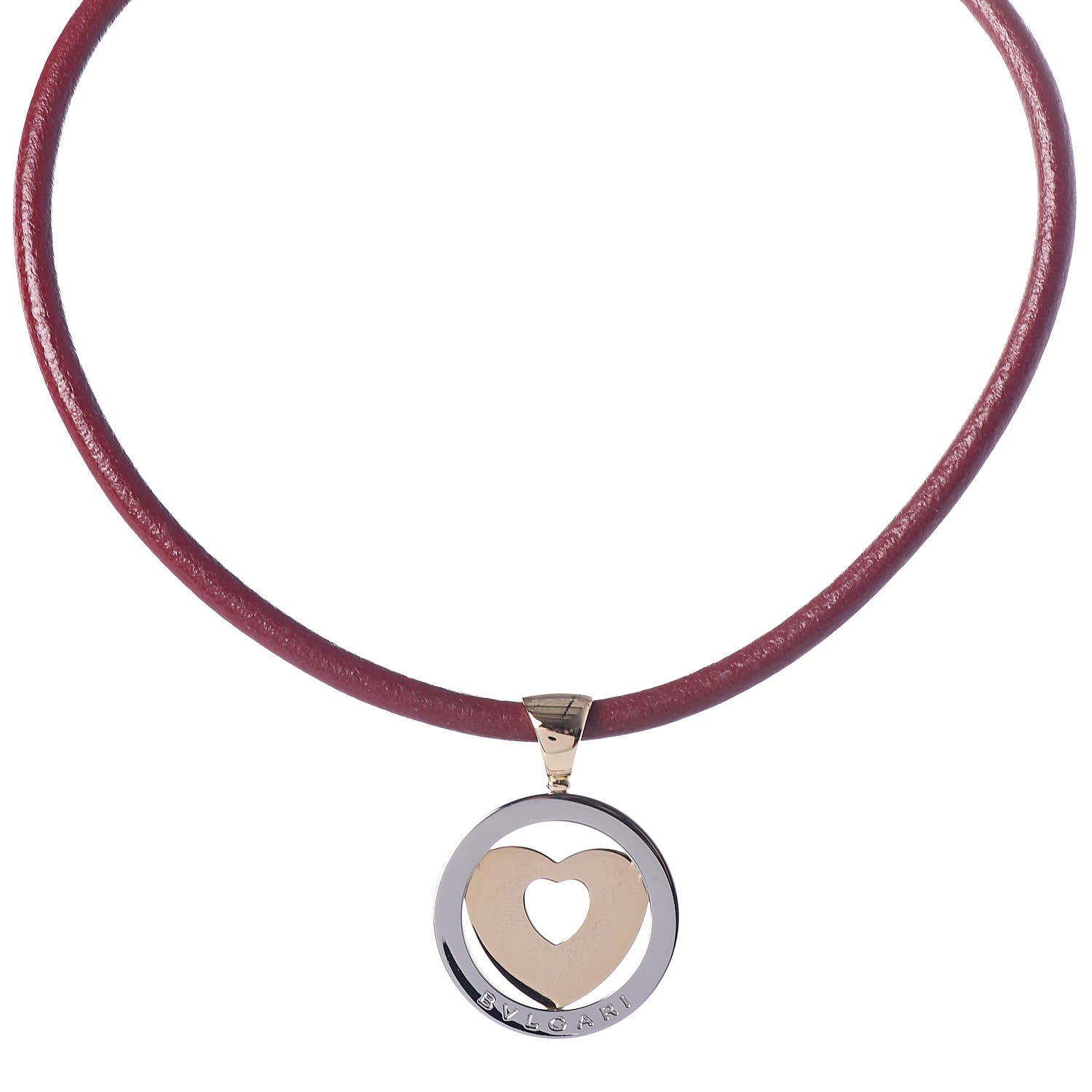 Bulgari Stainless Steel 18K Yellow Gold Calfskin Tondo Heart Pendant Necklace Brown 1 of 7