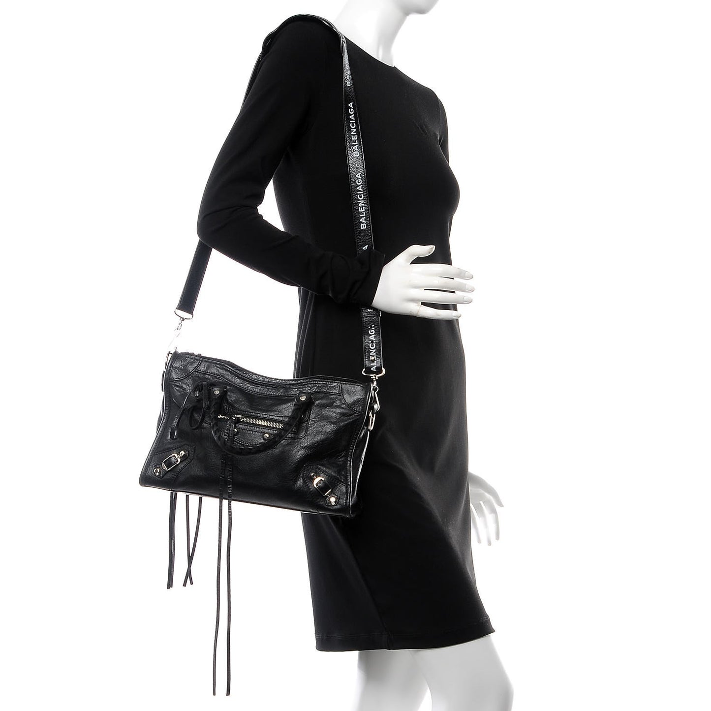 Agneau Classic Silver Hardware S City Logo Strap Black White
