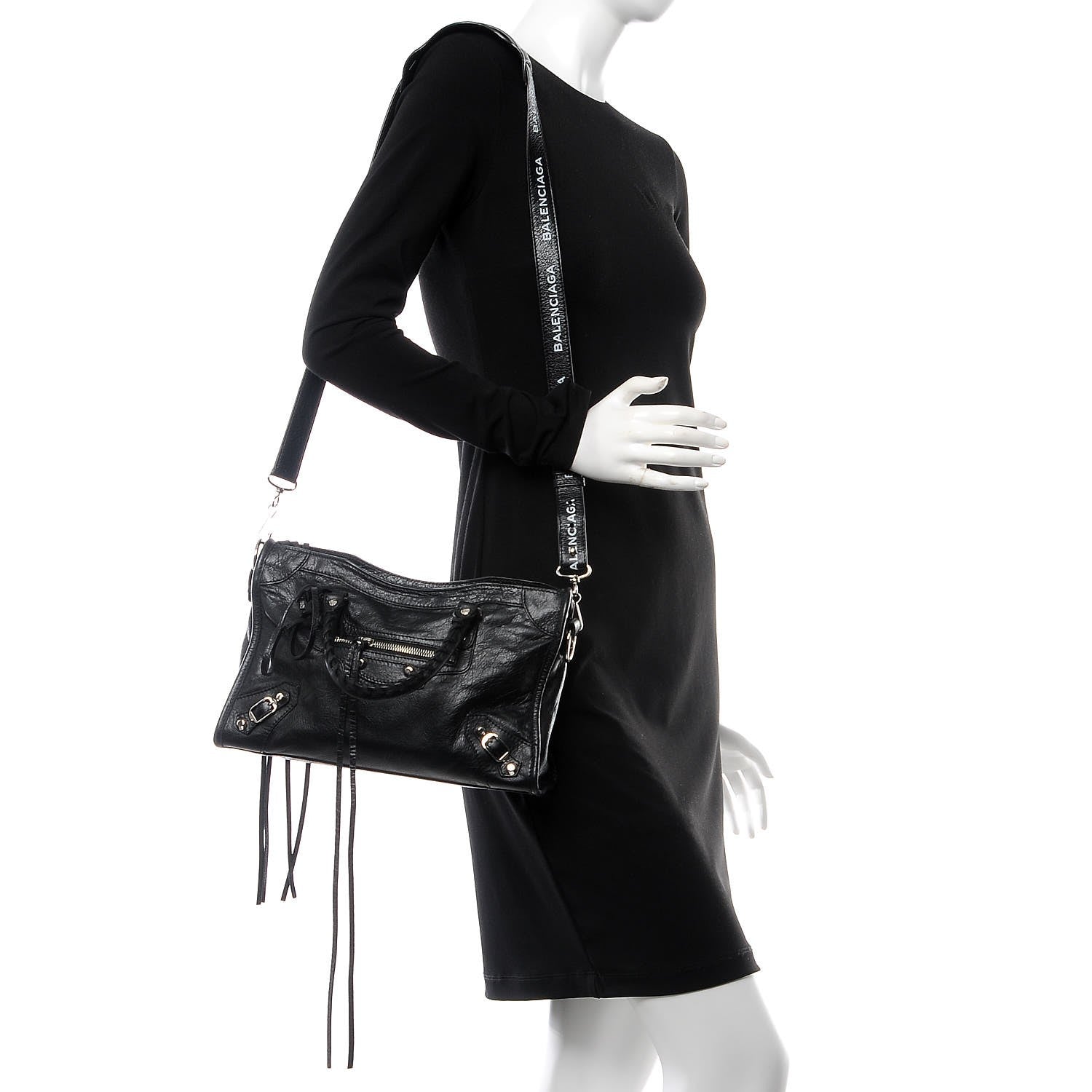 Balenciaga Agneau Classic Silver Hardware S City Logo Strap Black White 2 of 7