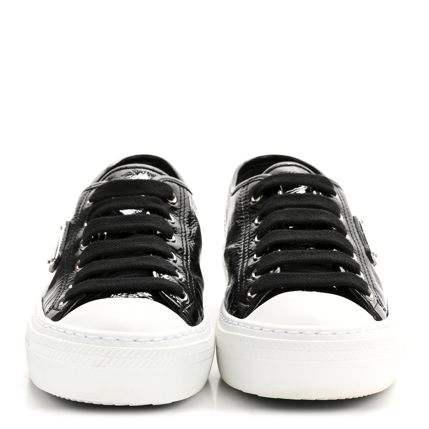 Prada Patent Naplak Triangle Logo Womens Low Top Sneakers 38 Black White 3 of 9