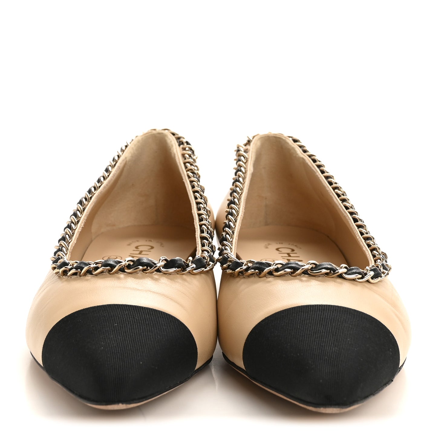Lambskin Grosgrain Chain Cap Toe Flats 35.5 Beige Black