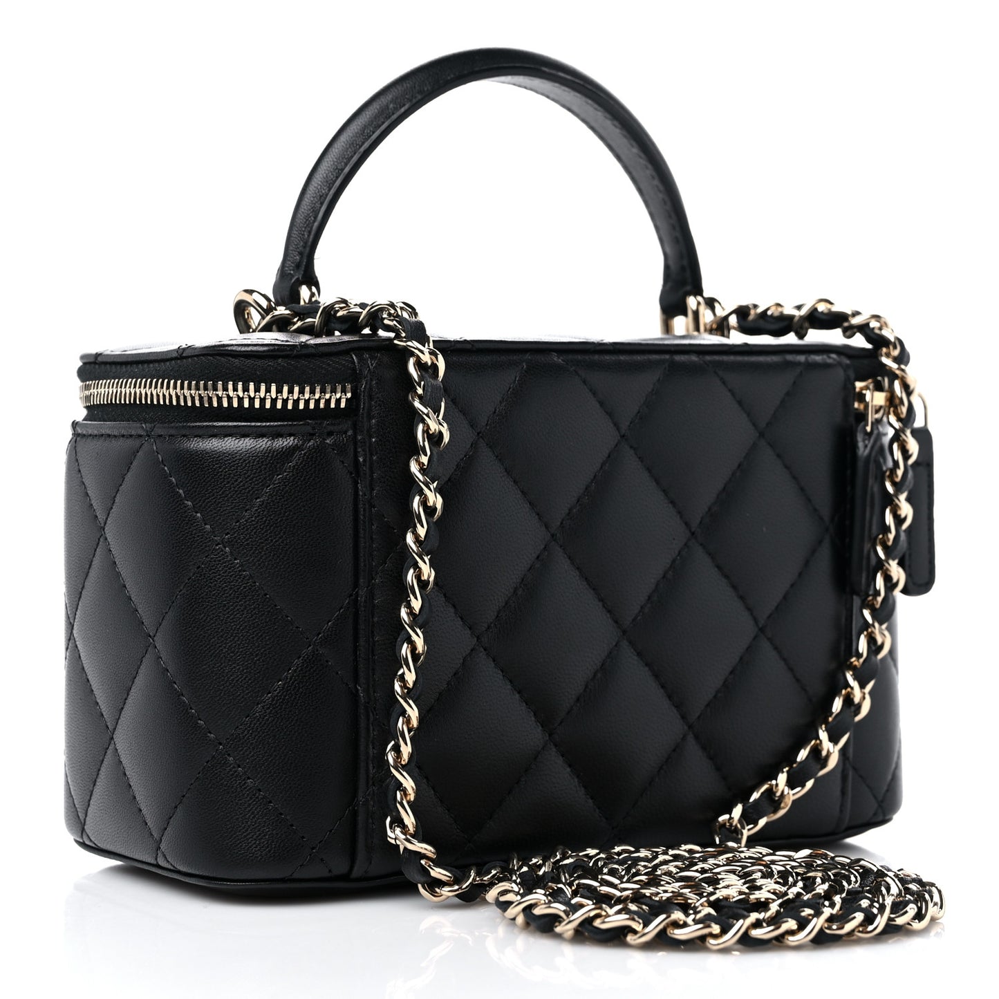 Lambskin Quilted Small Top Handle Vanity Case With Chain Black