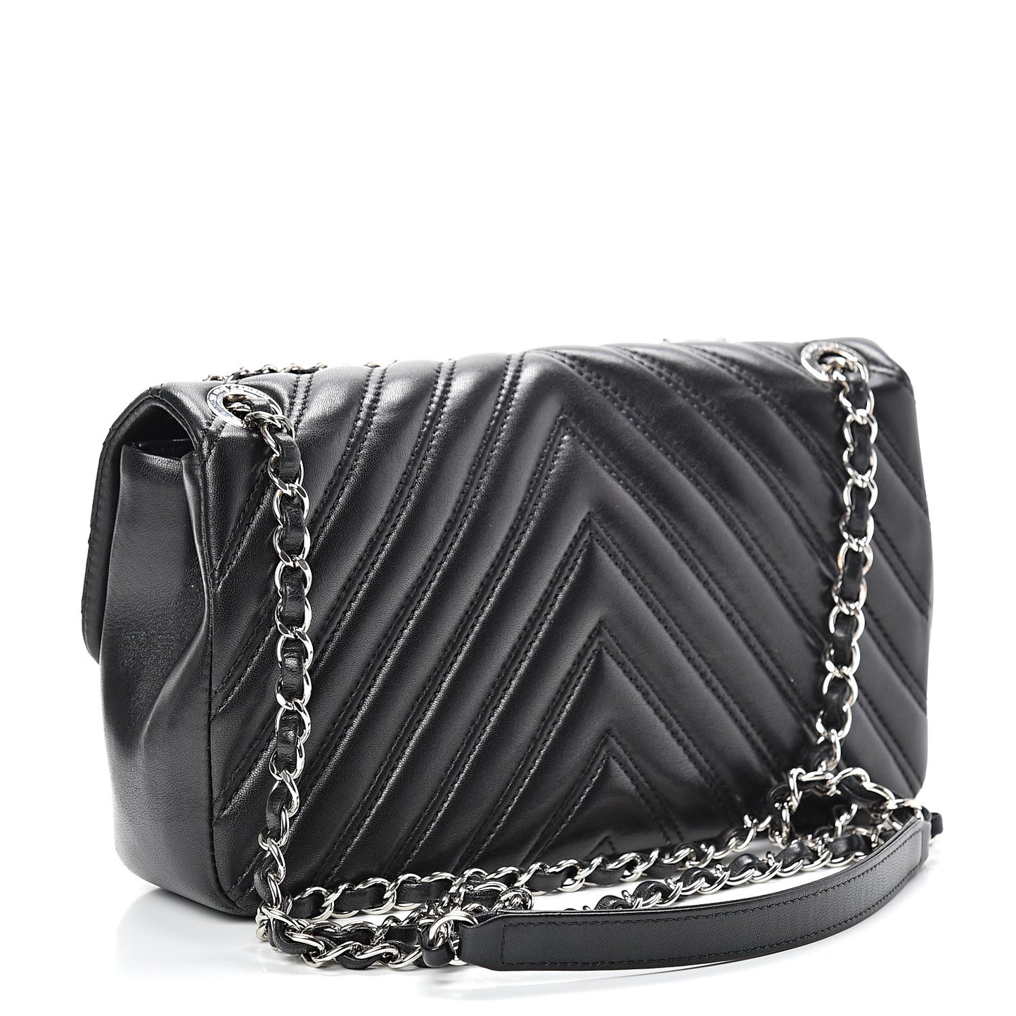 Lambskin Chevron Double Stitch Medium Single Flap Black