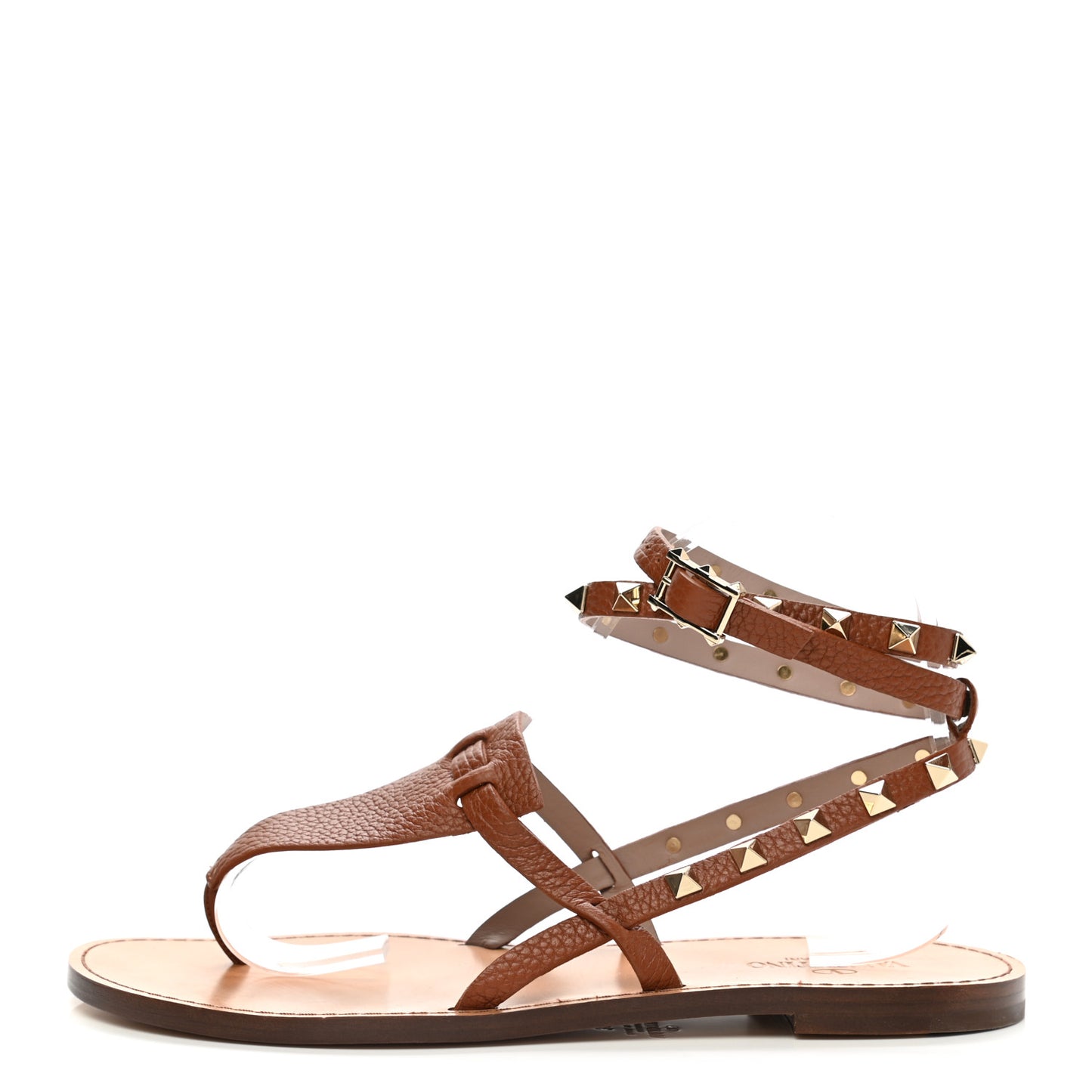 Pebbled Calfskin Rockstud Ankle Wrap Flat Thong Sandals 38.5 Light Cuir