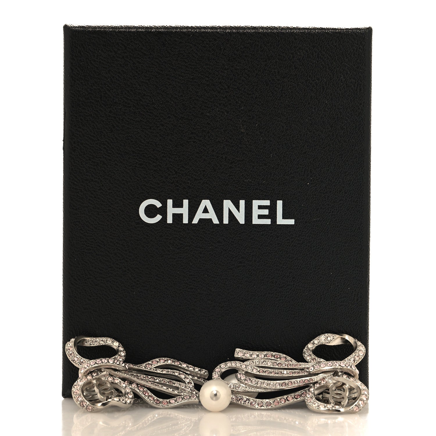 Chanel Crystal Pearl Bow CC Clip On Earrings Silver Pink 5 of 5