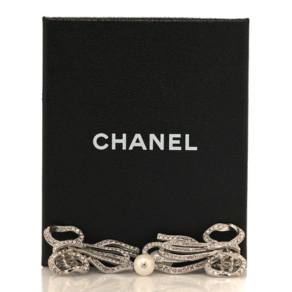 Chanel Crystal Pearl Bow CC Clip On Earrings Silver Pink 5 of 5