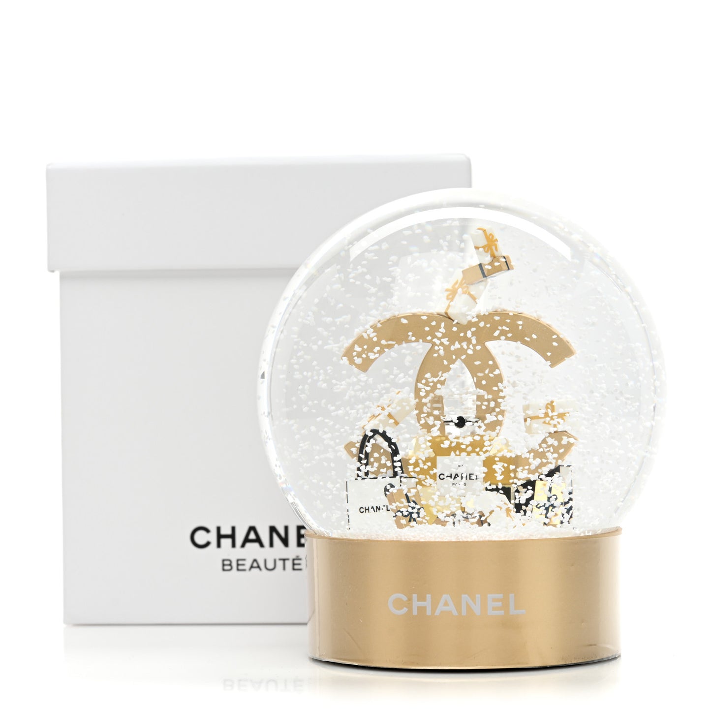Glass CC Shopping Bag Snow Globe Gold