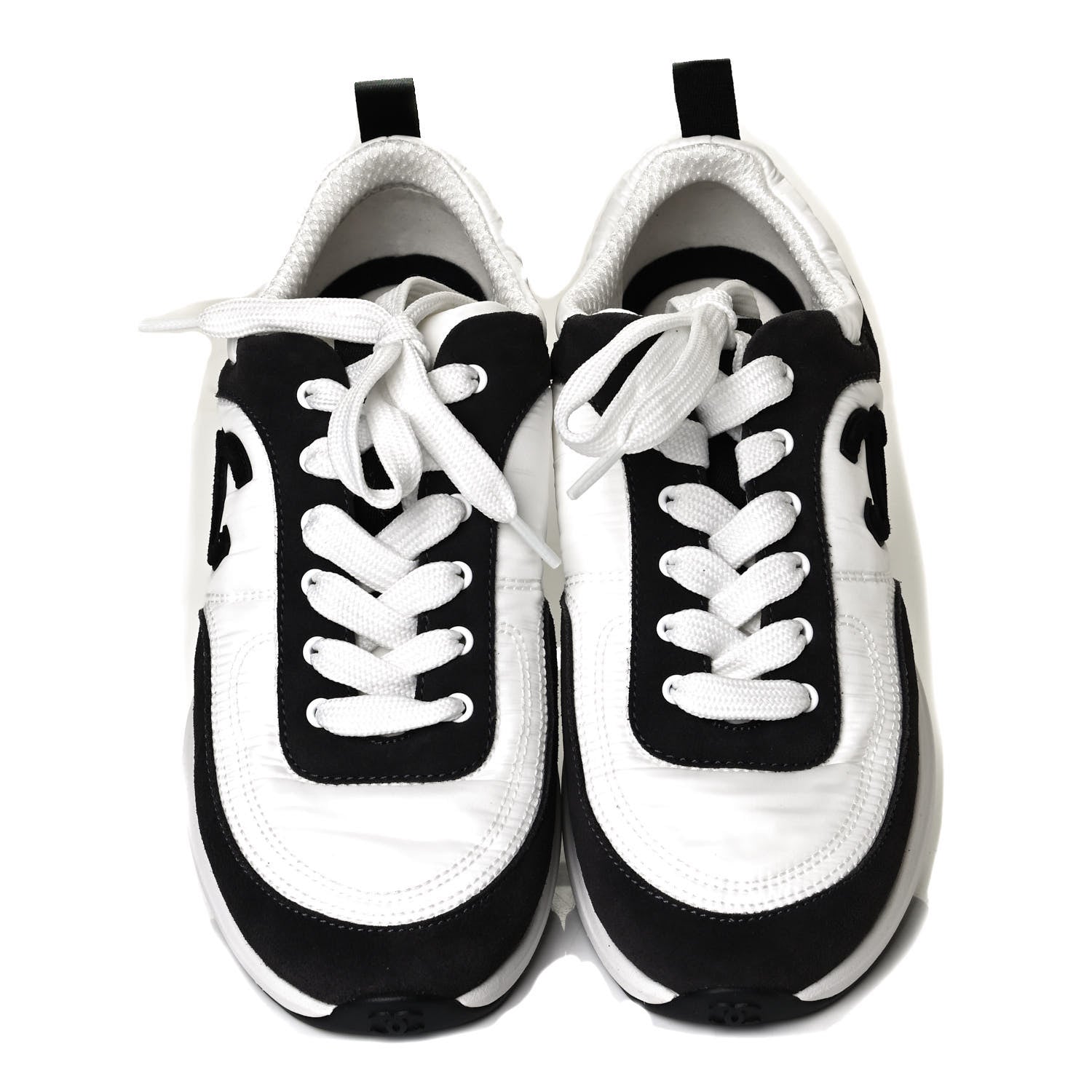 Chanel Nylon Calfskin Suede Womens CC Sneakers 38.5 White Black 4 of 8