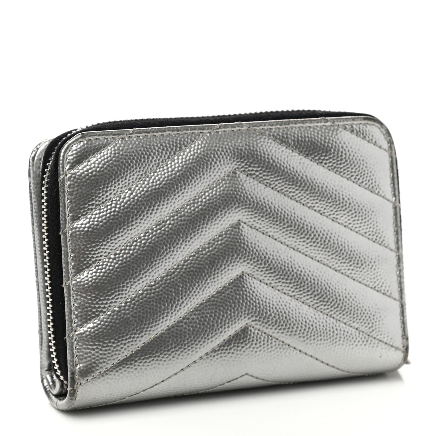 Metallic Grain De Poudre Matelasse Chevron Monogram Compact Zip Around Wallet Silver